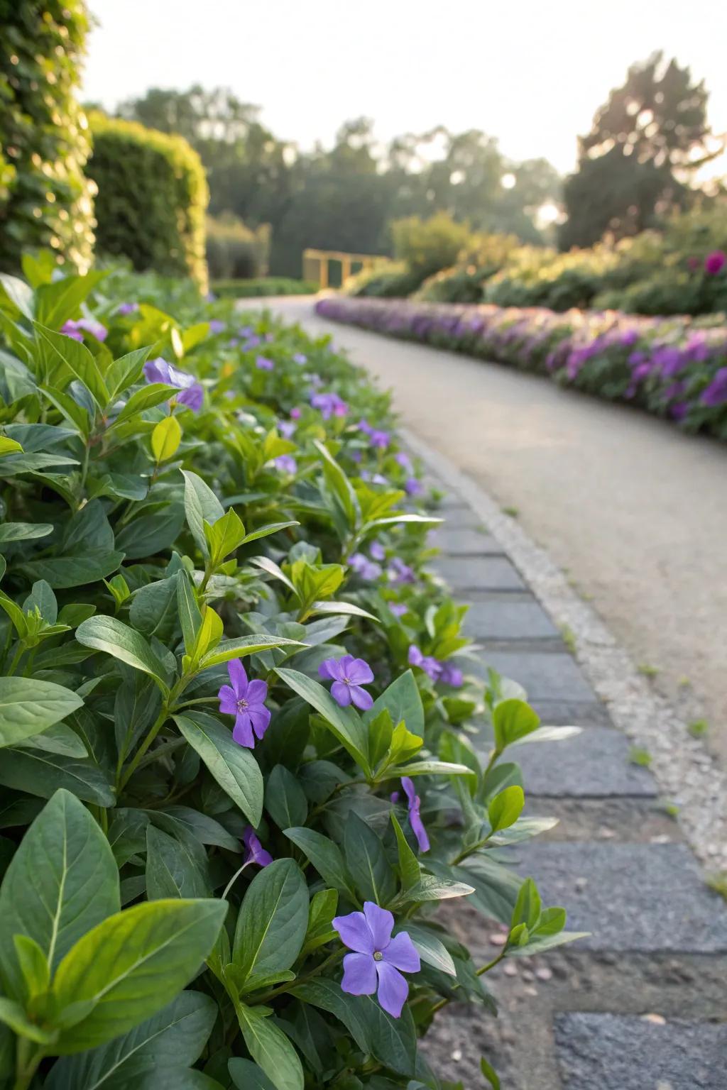 Vinca plants neatly lining a garden path, adding structure and color.