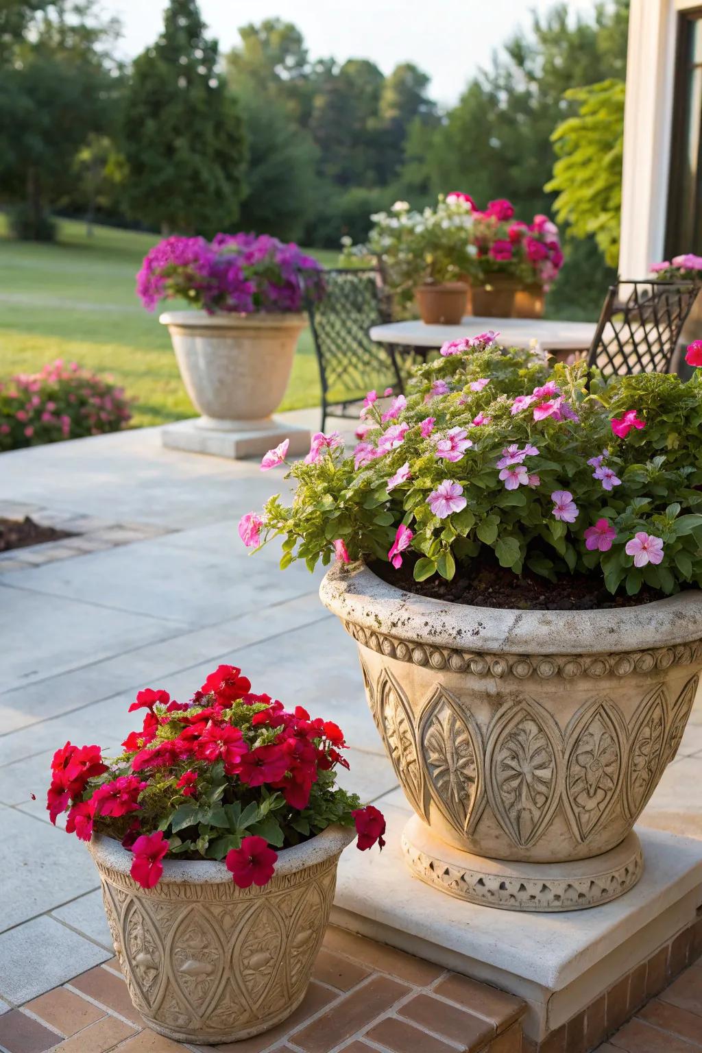 Vinca flowers flourishing in decorative pots on a sunny patio.