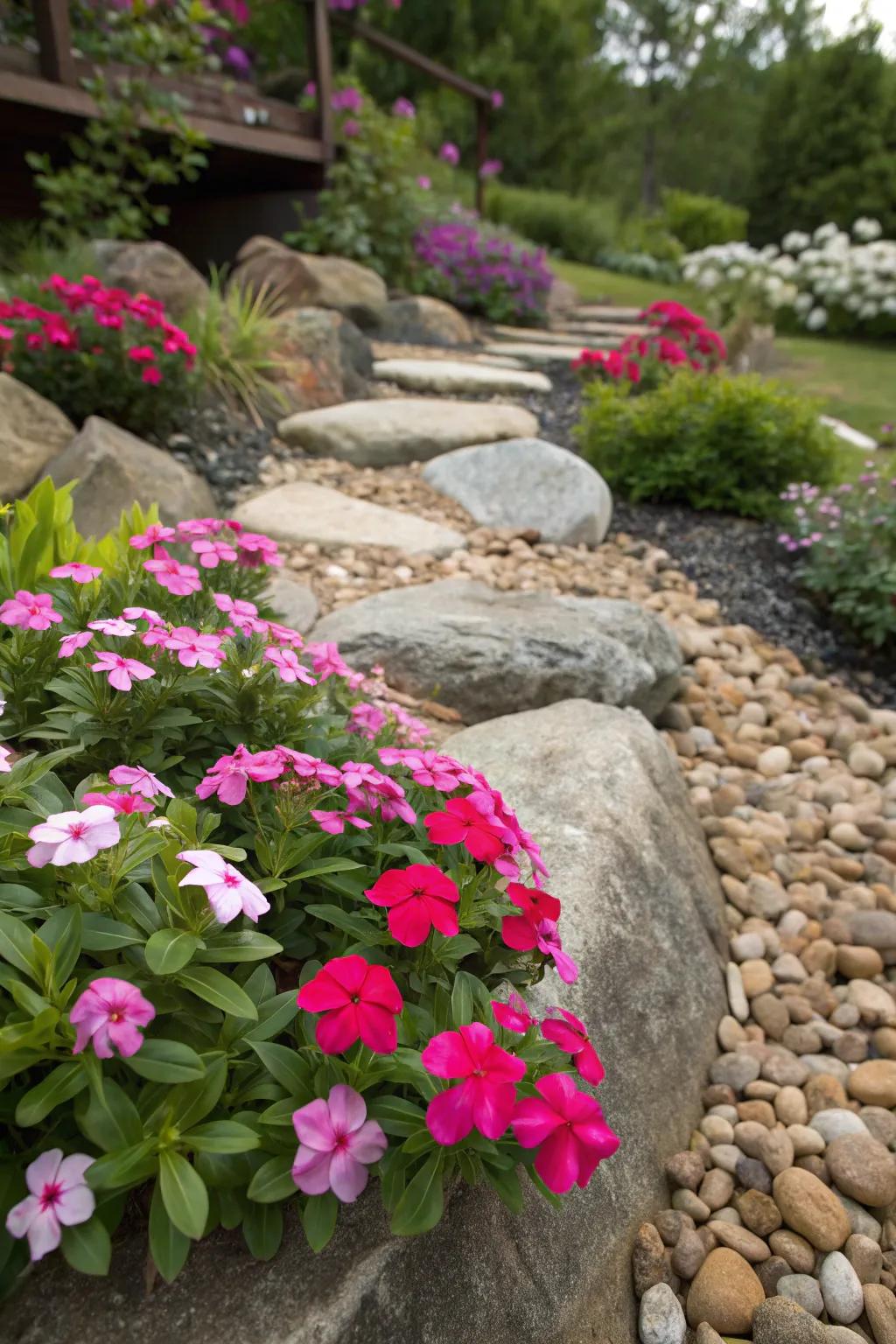 Vinca blooms adding vibrant color to a rock garden.