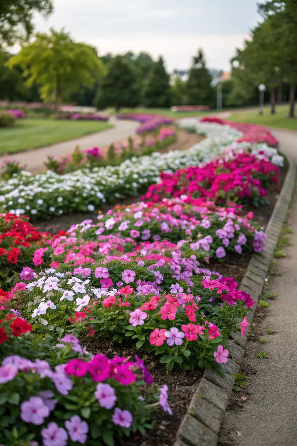 A stunning garden bed filled with mixed colors of vinca flowers.