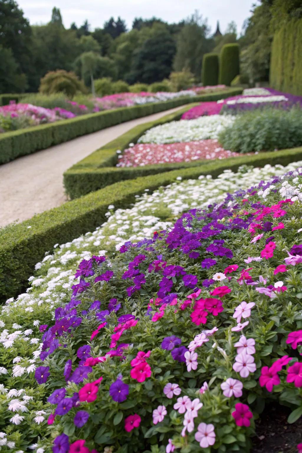 A garden designed with vinca in a thoughtfully curated color scheme.