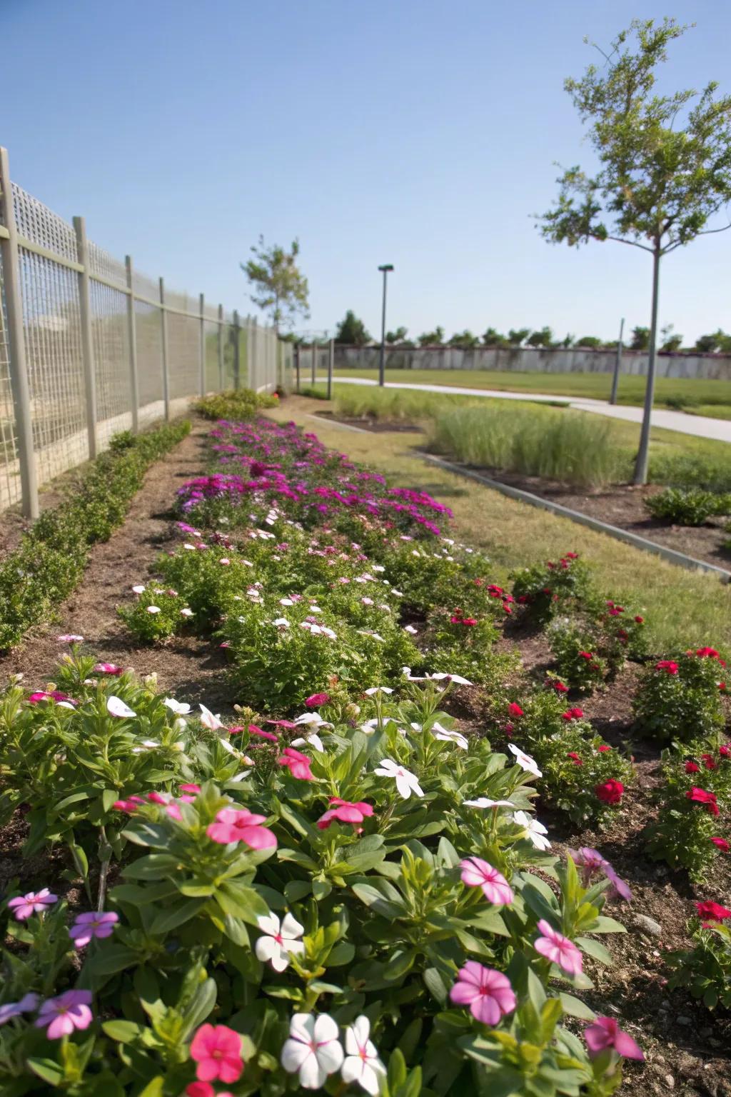 A low-maintenance garden featuring vinca, thriving with minimal effort.