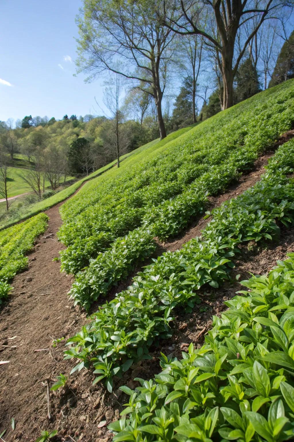 Vinca plants effectively preventing soil erosion on a garden slope.
