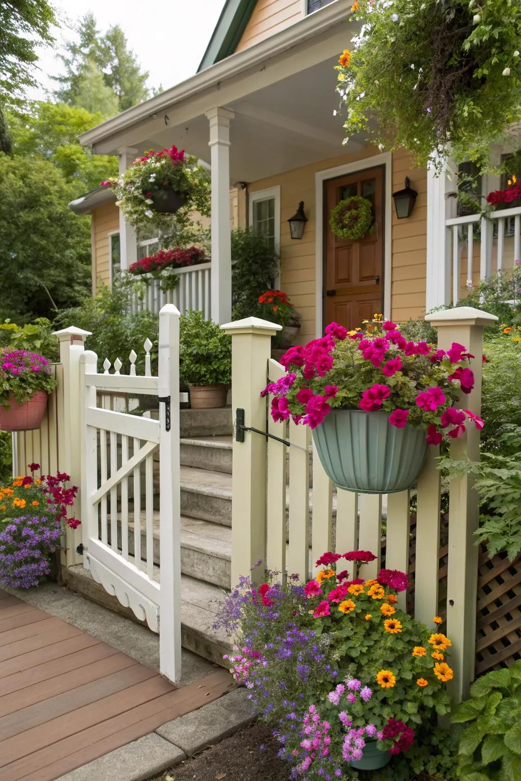 A garden gate with colorful planters.