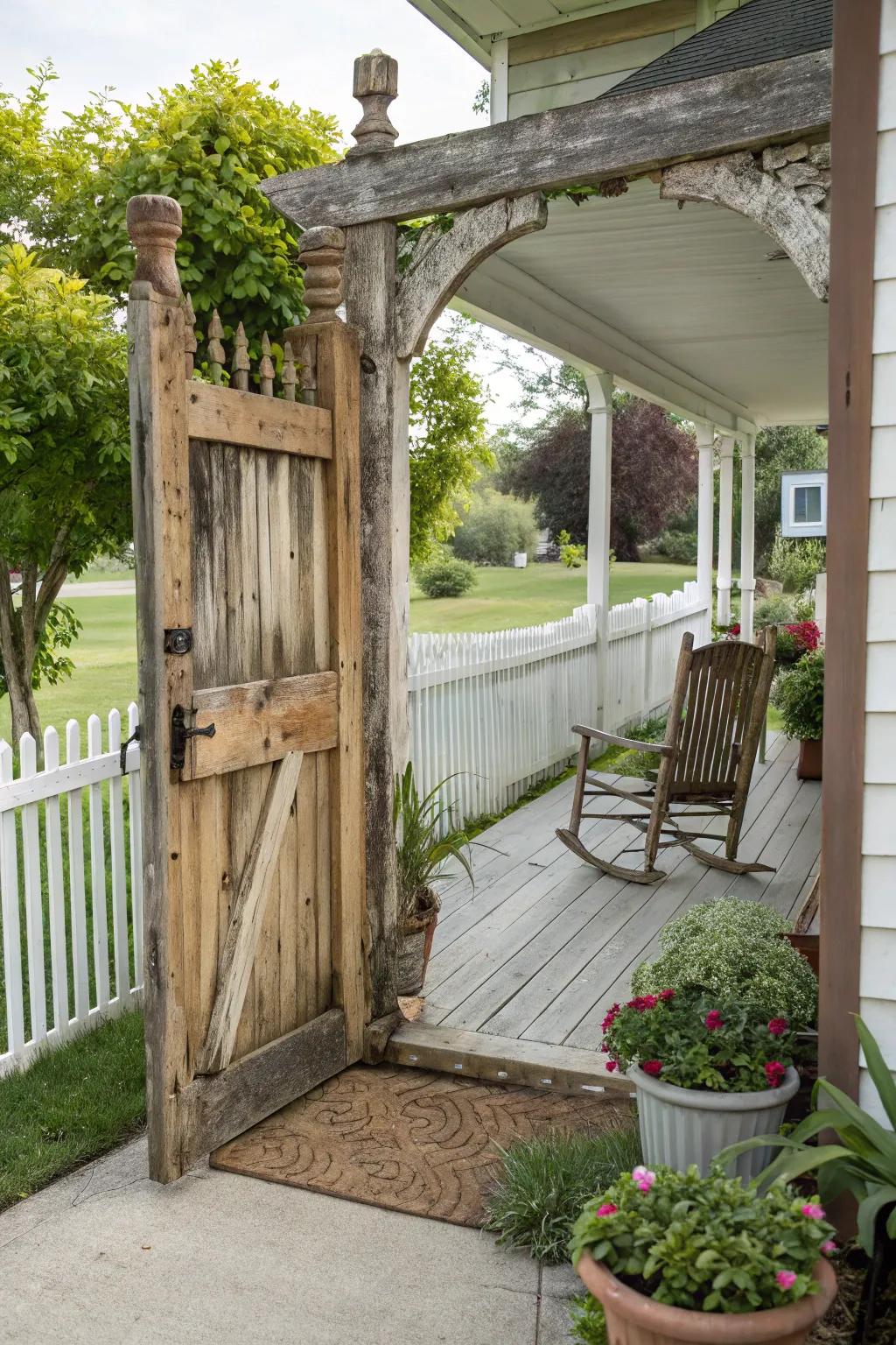 Bring nature to your doorstep with a rustic wooden gate.