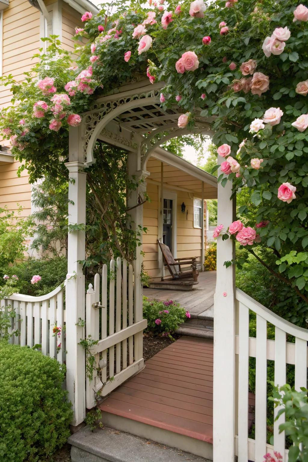 A lush entrance with an arbor and trellis gate.