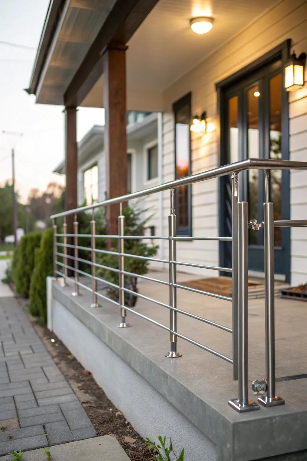 Modern elegance with sleek metal railings.