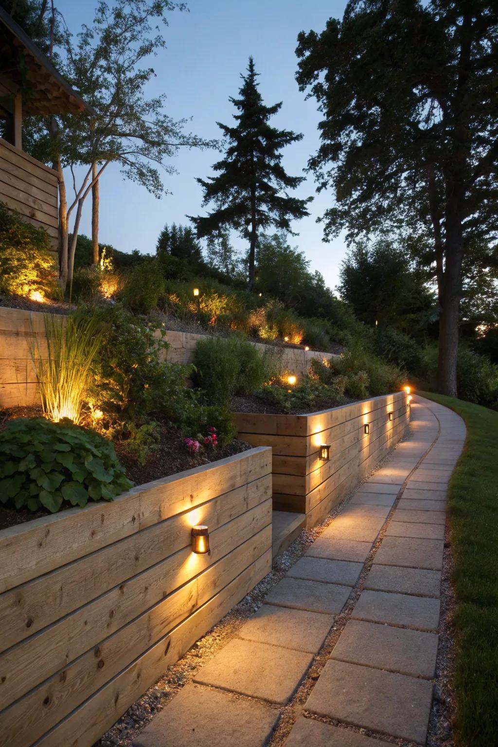 Ambient lighting enhances timber wall beauty.