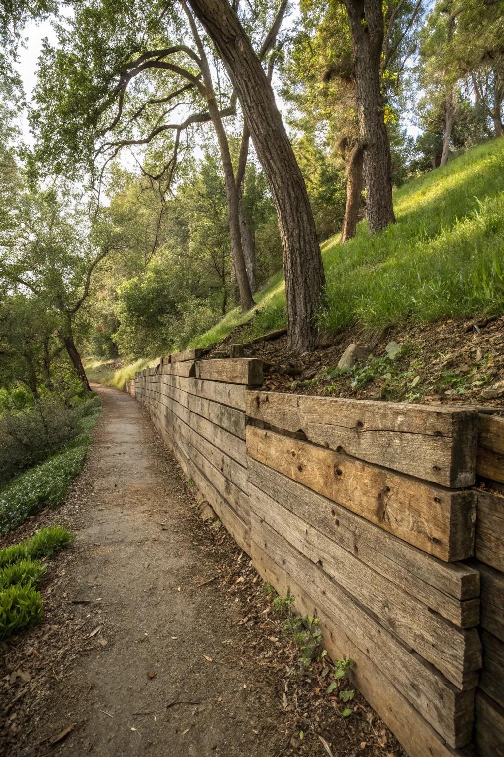 Rustic charm with railroad-style timber walls.