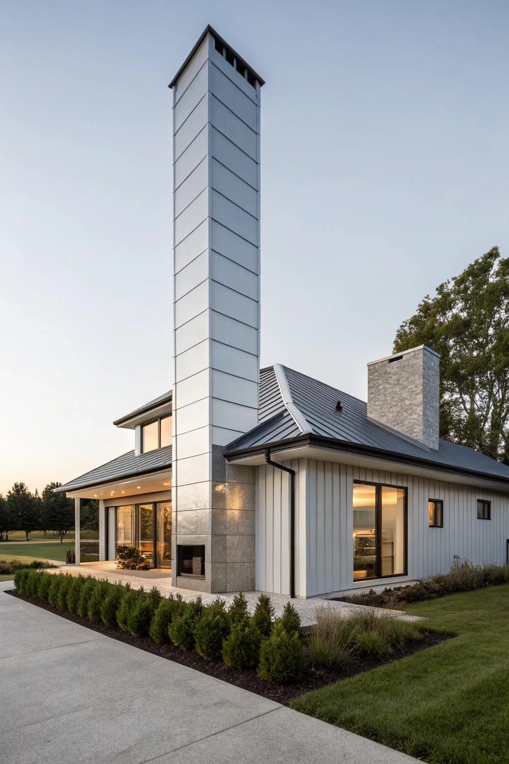 Sleek metal panels add a modern touch to this home's chimney.