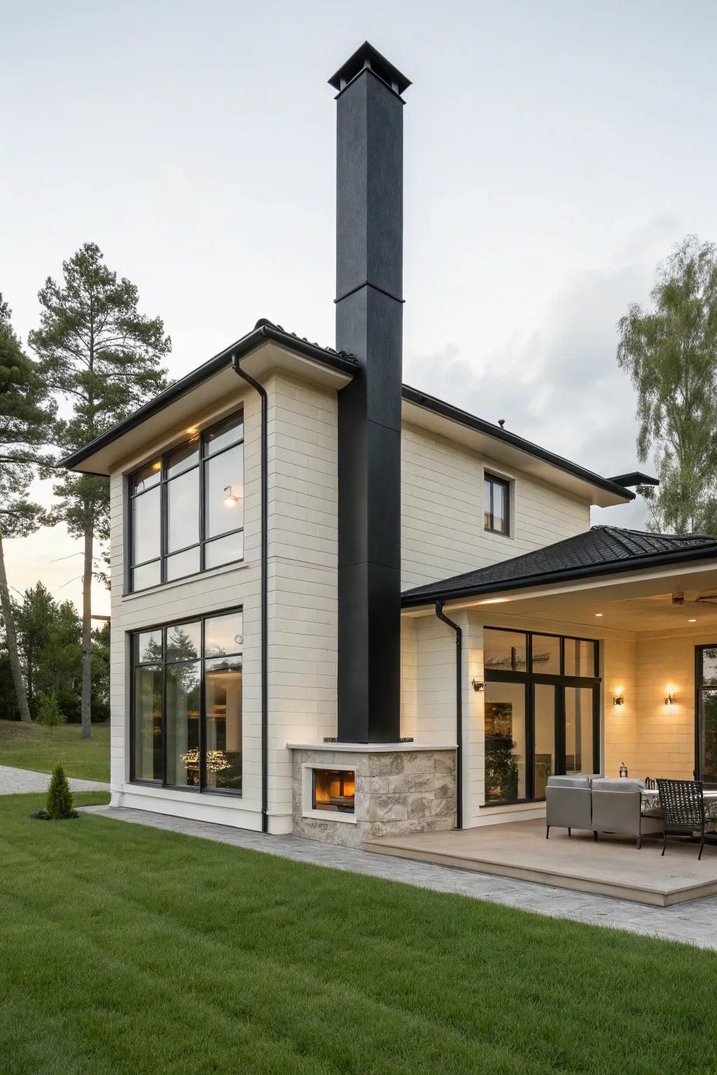 A bold black chimney stands out against a lighter facade.