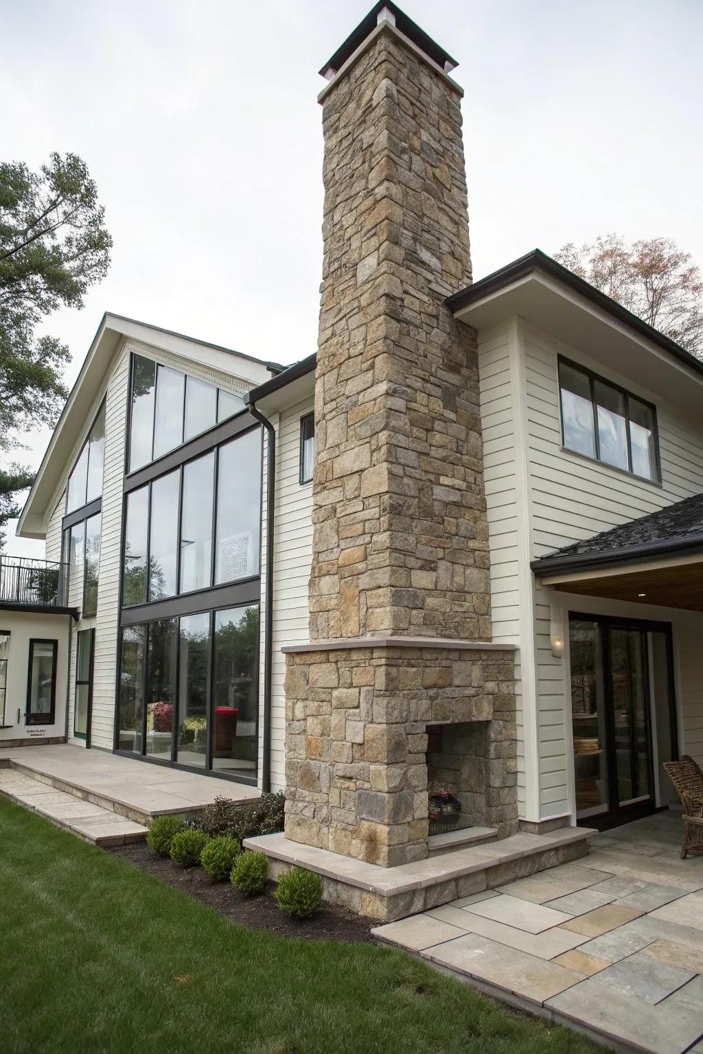 Natural stone veneer adds rustic charm to a modern home.