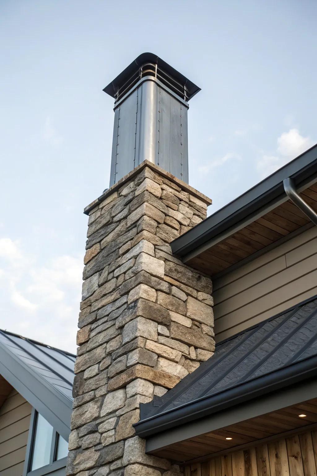 Mixed materials add depth and texture to the chimney design.