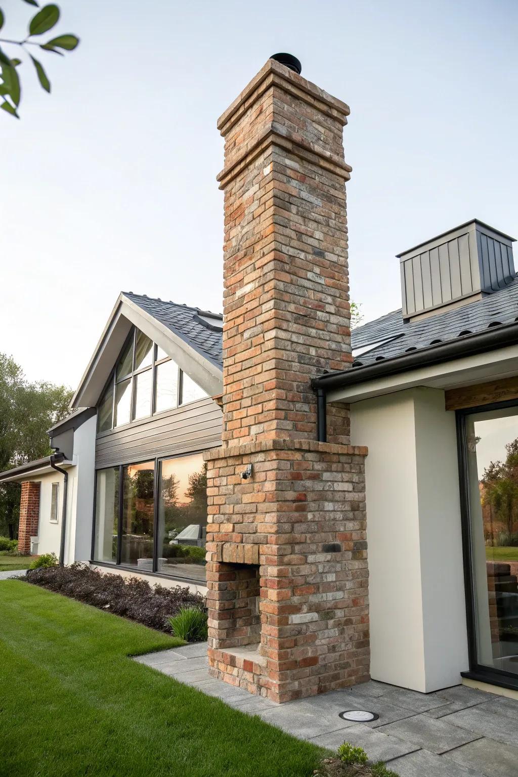 Rustic brick adds charm and character to the chimney.