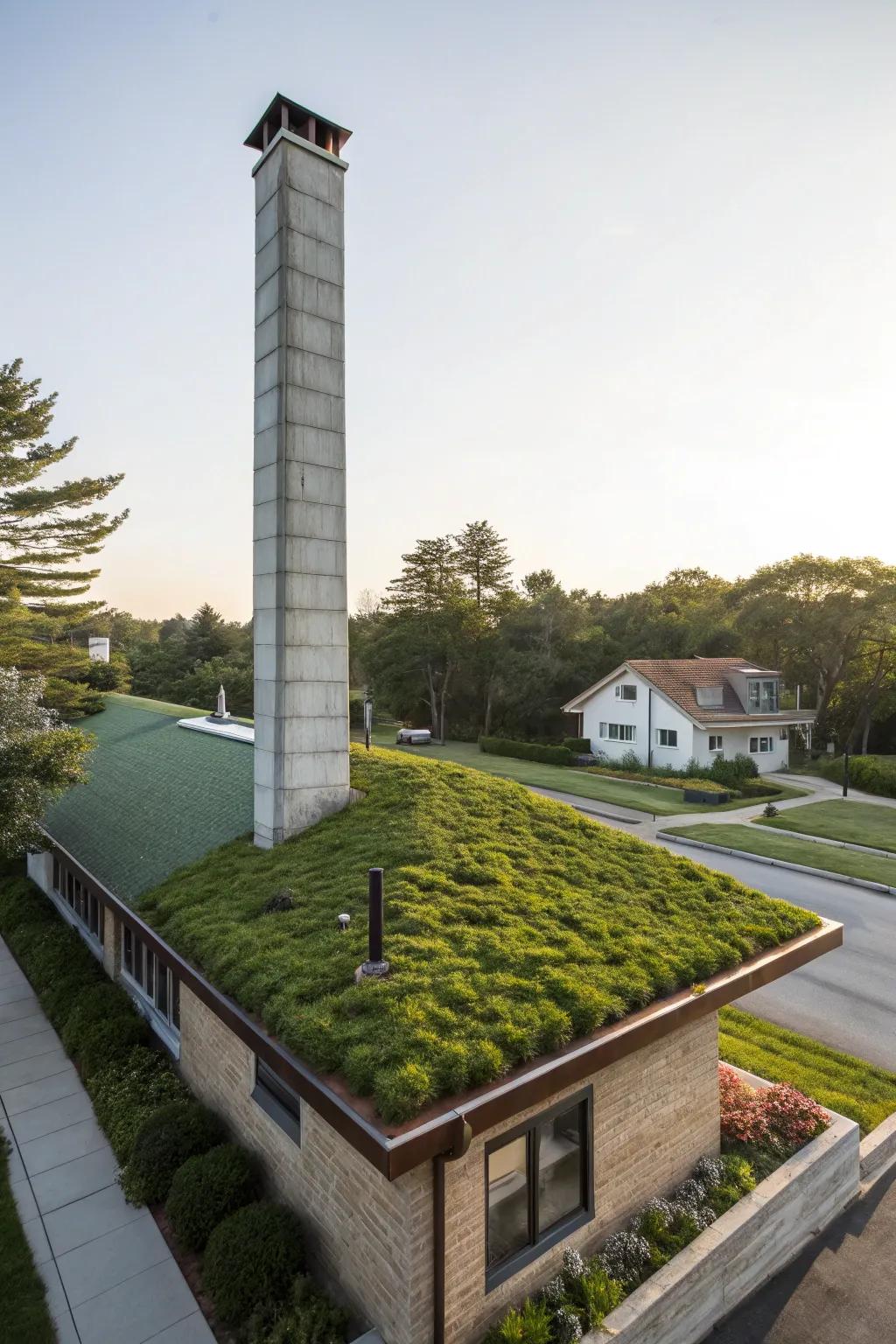 Green roof adds unexpected greenery to the chimney.