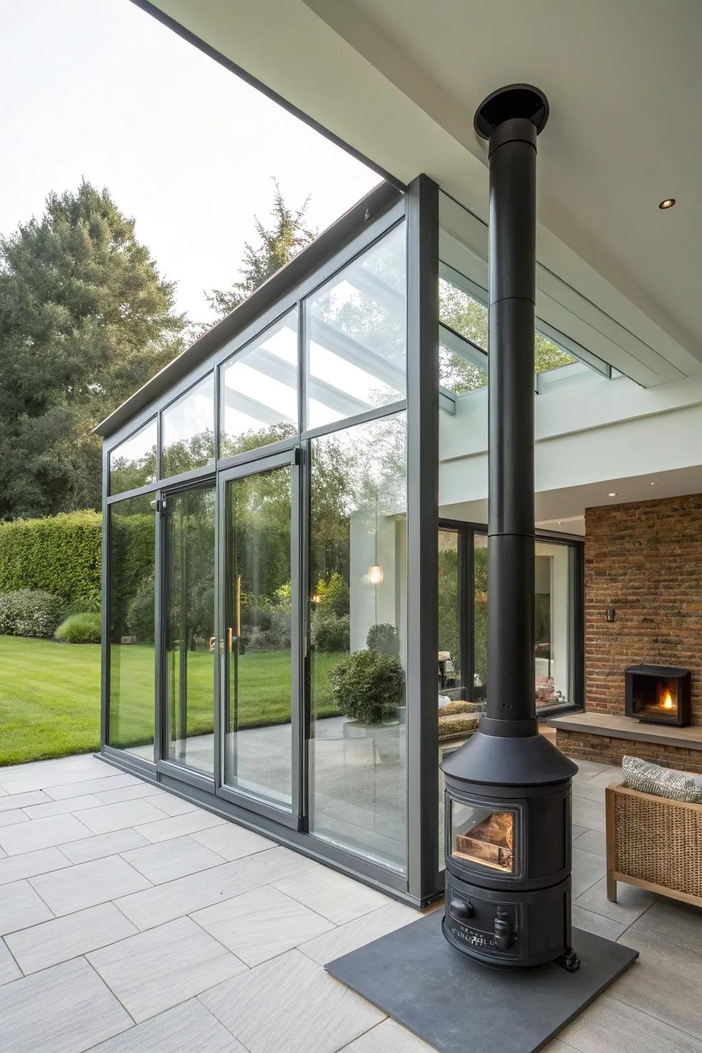 Glass-encased chimney creates a light, airy aesthetic.