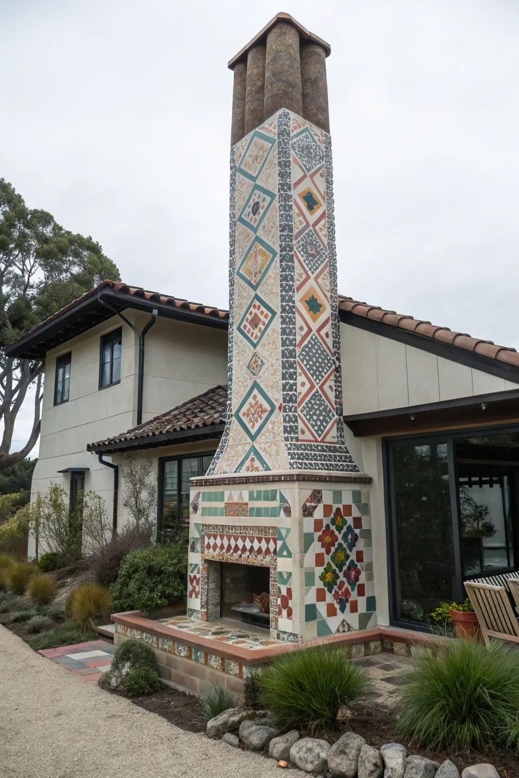 Geometric tile patterns turn the chimney into an art piece.