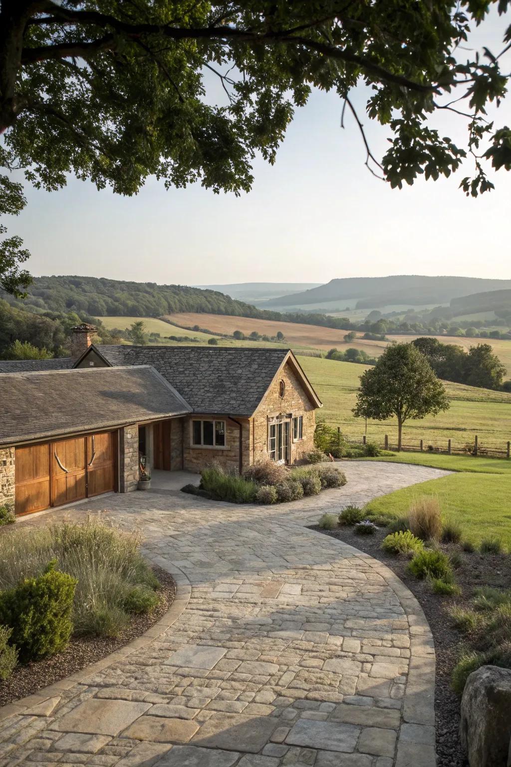 A rural flagstone driveway that embraces its natural surroundings.
