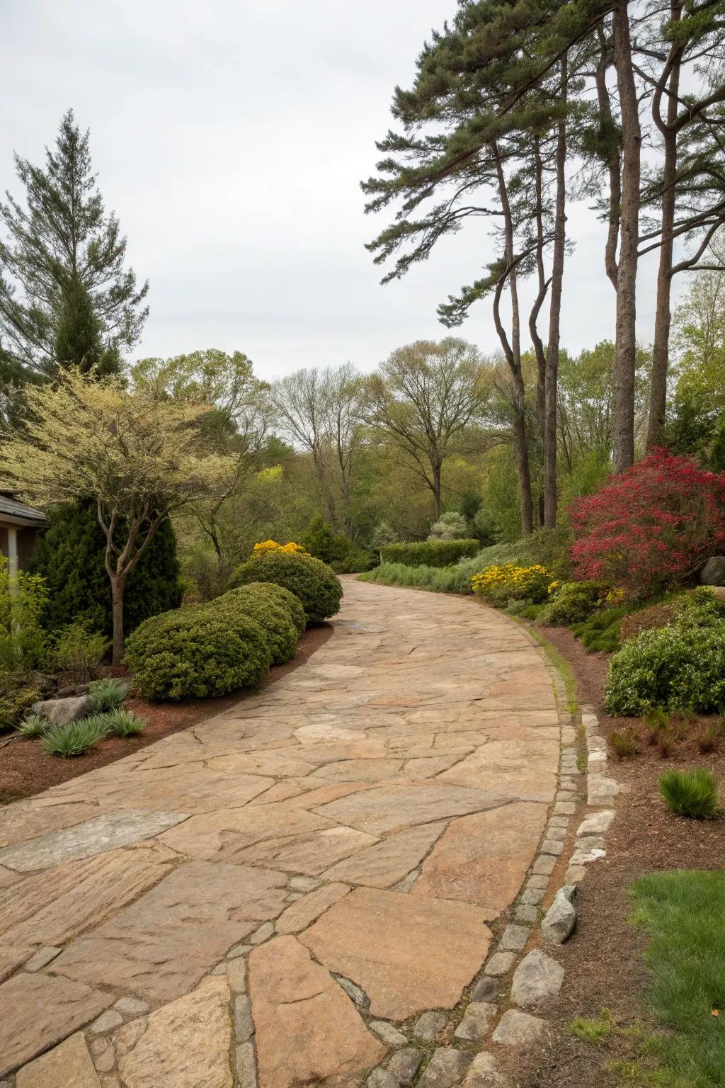 Earthy-toned flagstones create a natural, cohesive driveway.