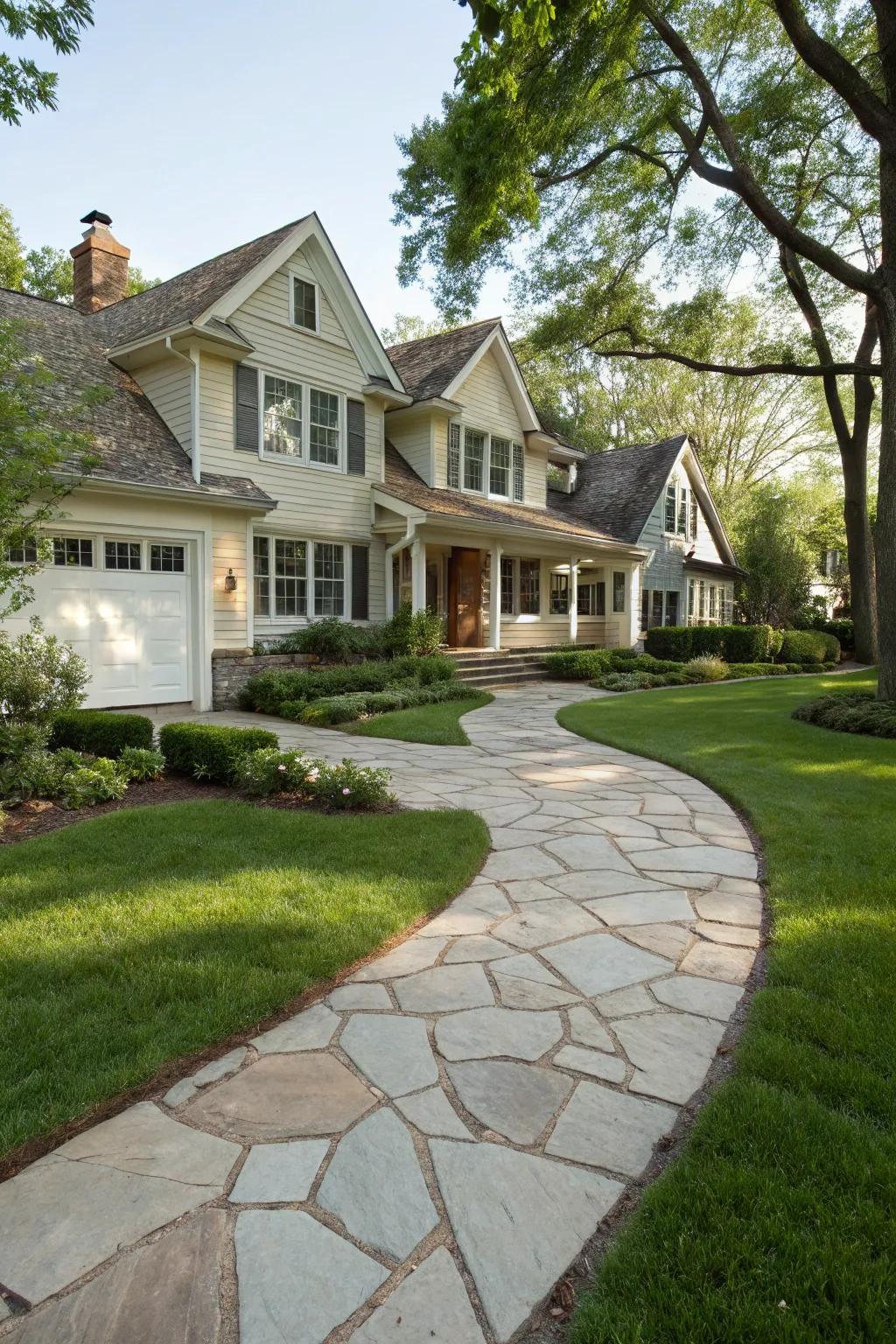 A suburban flagstone driveway that blends beautifully with its surroundings.