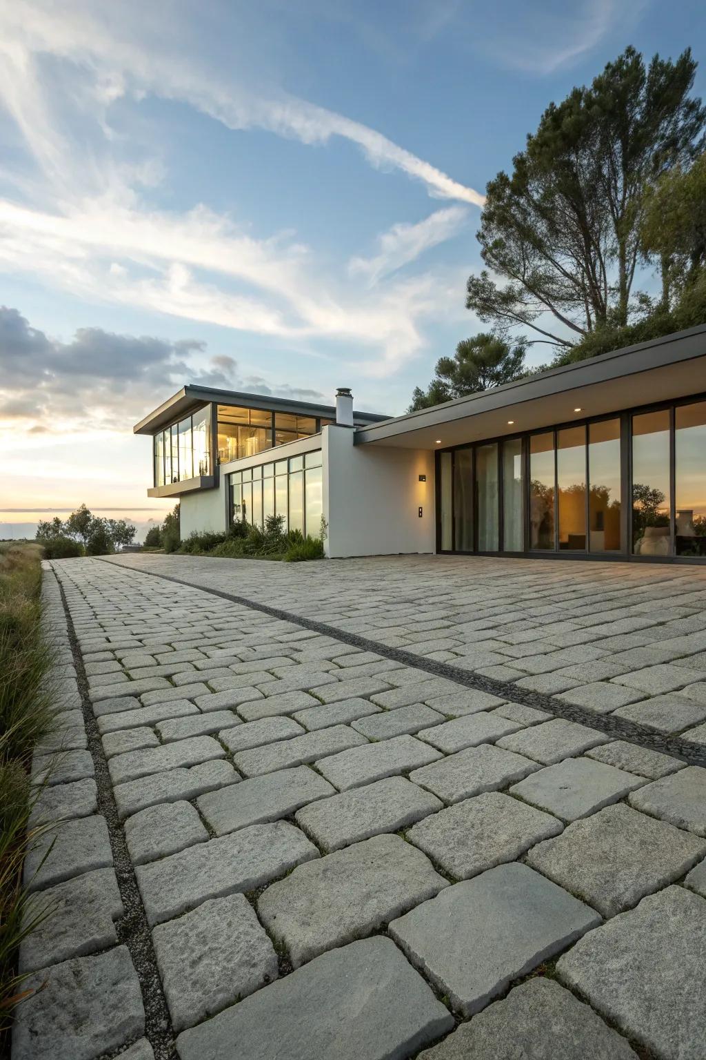 A minimalist flagstone driveway with a sleek, modern aesthetic.