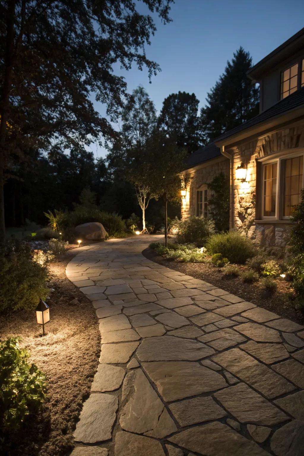 Lighting transforms a flagstone driveway into a night-time spectacle.