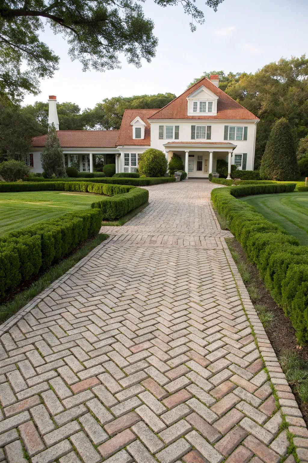 A herringbone-patterned flagstone driveway exuding timeless elegance.