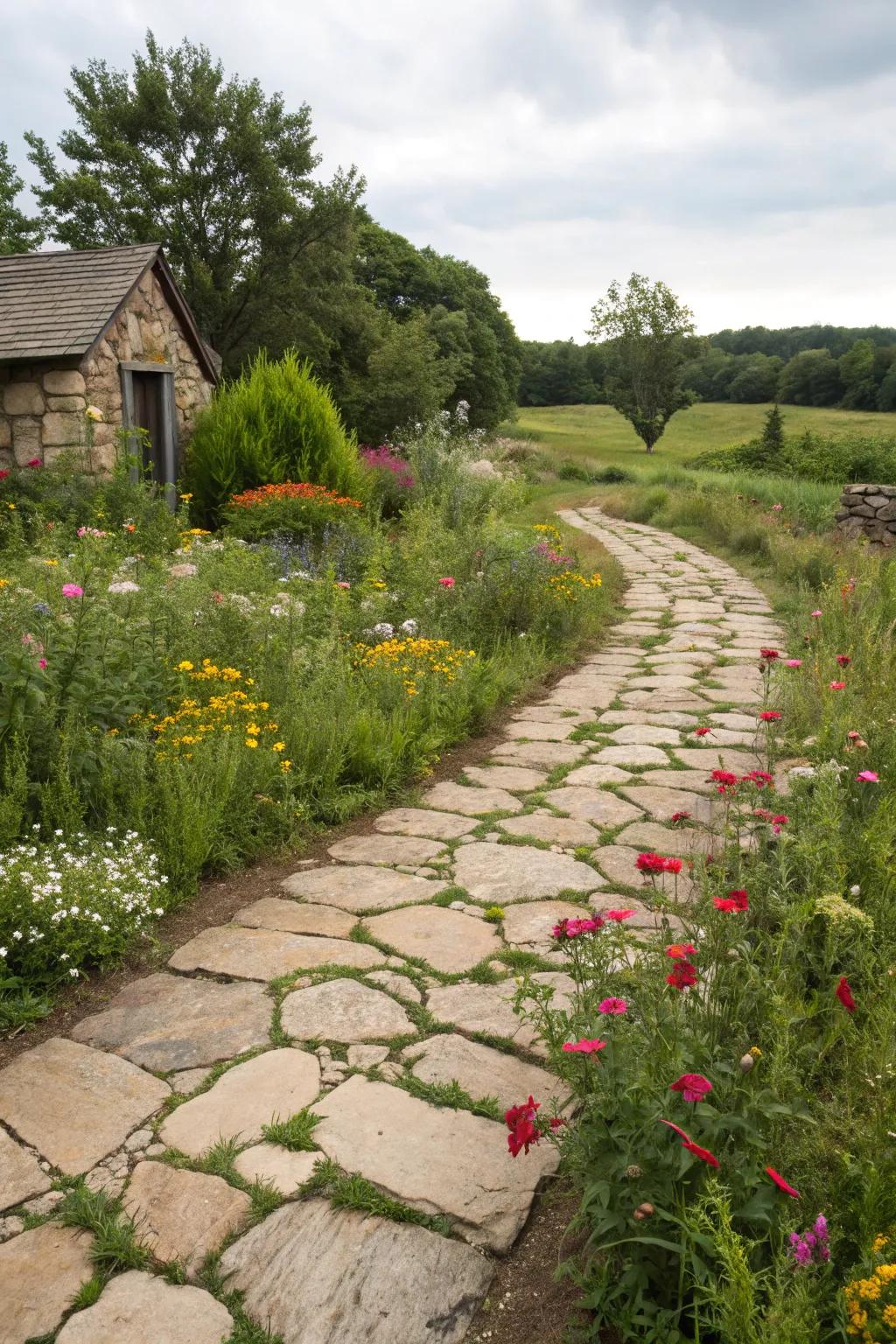 A rustic driveway with irregular flagstones, perfect for nature lovers.