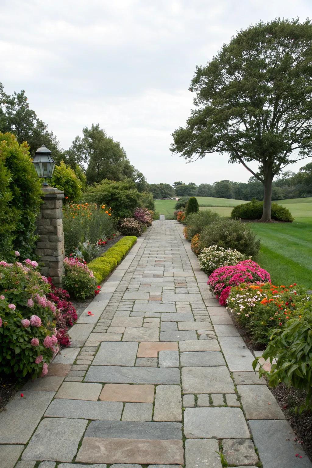 Integrated greenery brings life to a flagstone driveway.