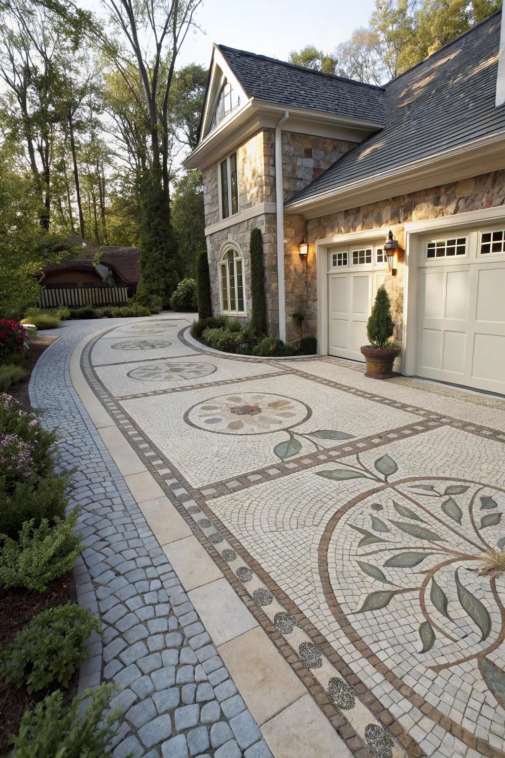 Artistic inlays on a flagstone driveway add a personal, creative touch.