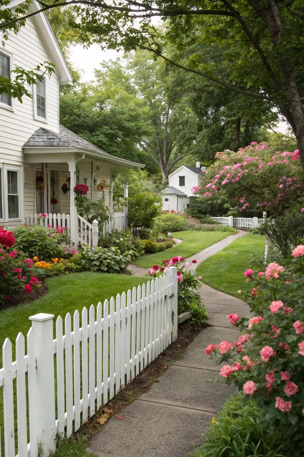 A classic white picket fence adds timeless charm.