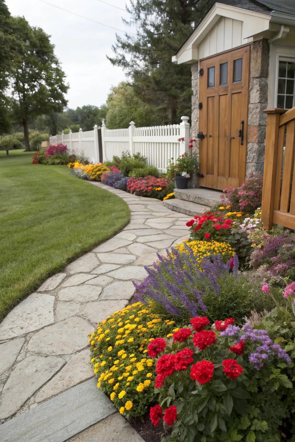 Bright flower beds add a pop of color to the landscape.