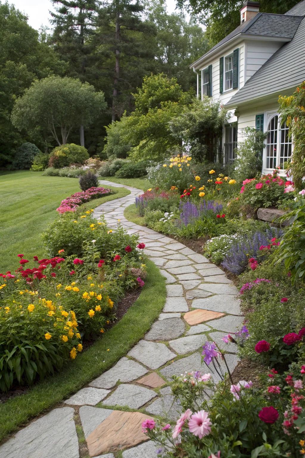 A stone pathway beautifully integrates with lush flower beds.