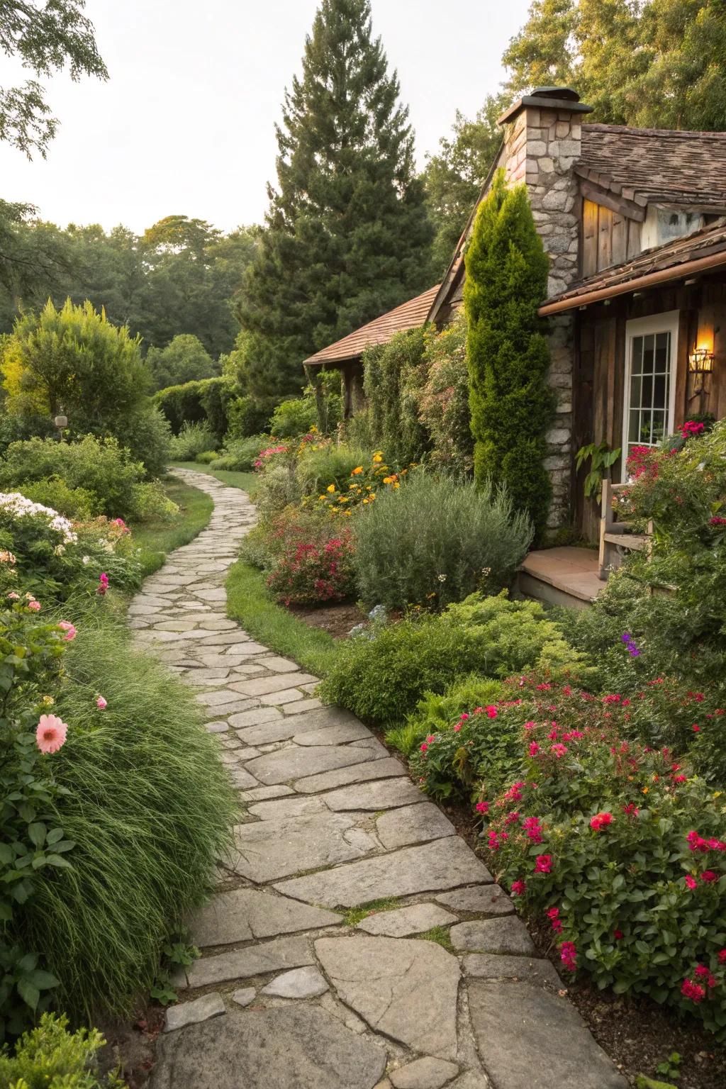 A rustic stone walkway adds old-world charm.