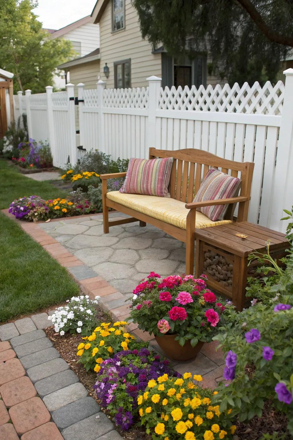 A cozy seating spot to enjoy the garden.