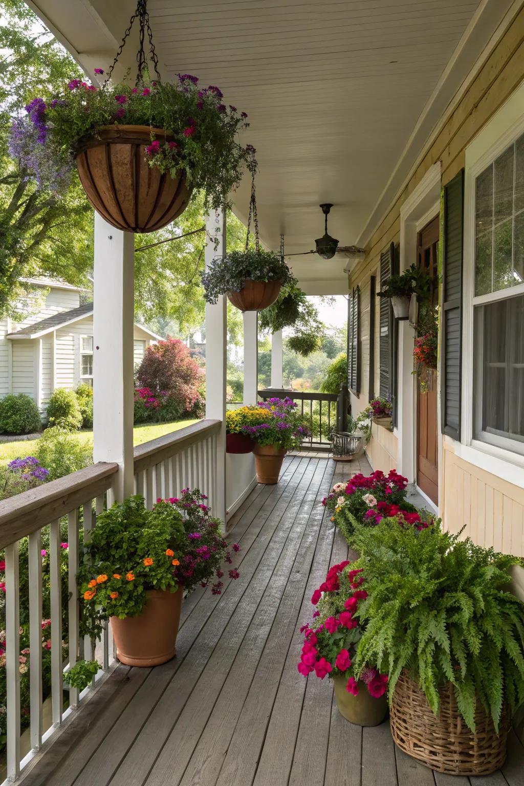 An inviting porch with vibrant potted plants.