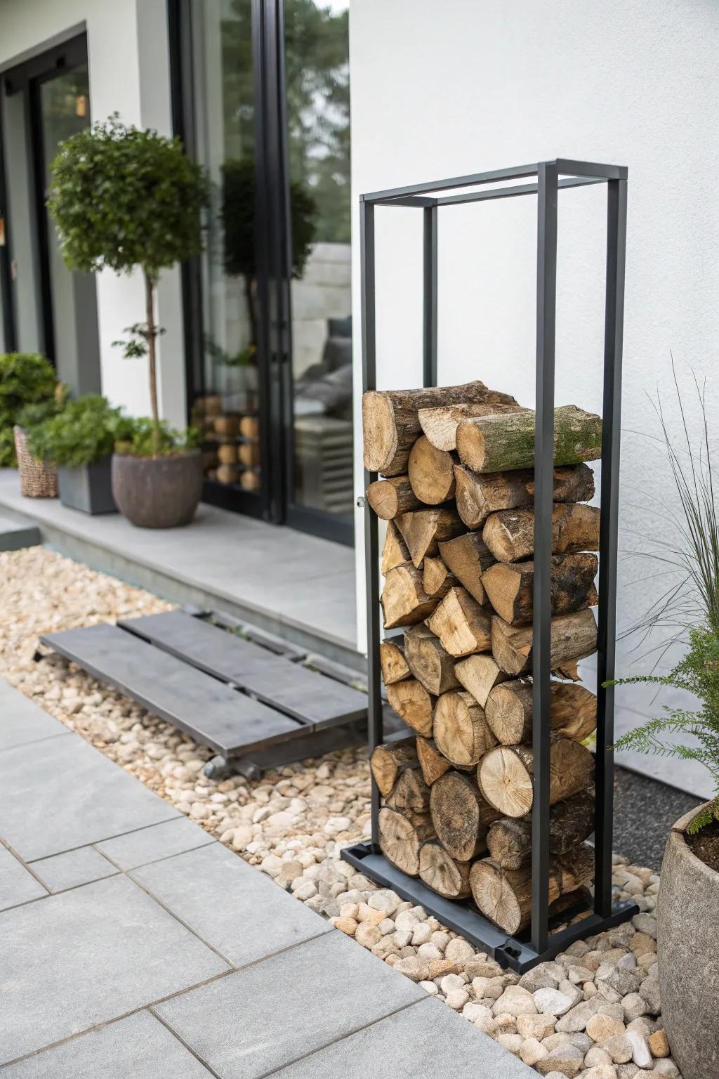 Modernize your space with a geometric metal firewood rack.