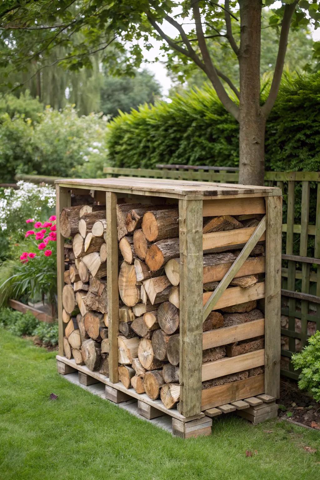Upcycle pallets for an eco-friendly firewood storage solution.