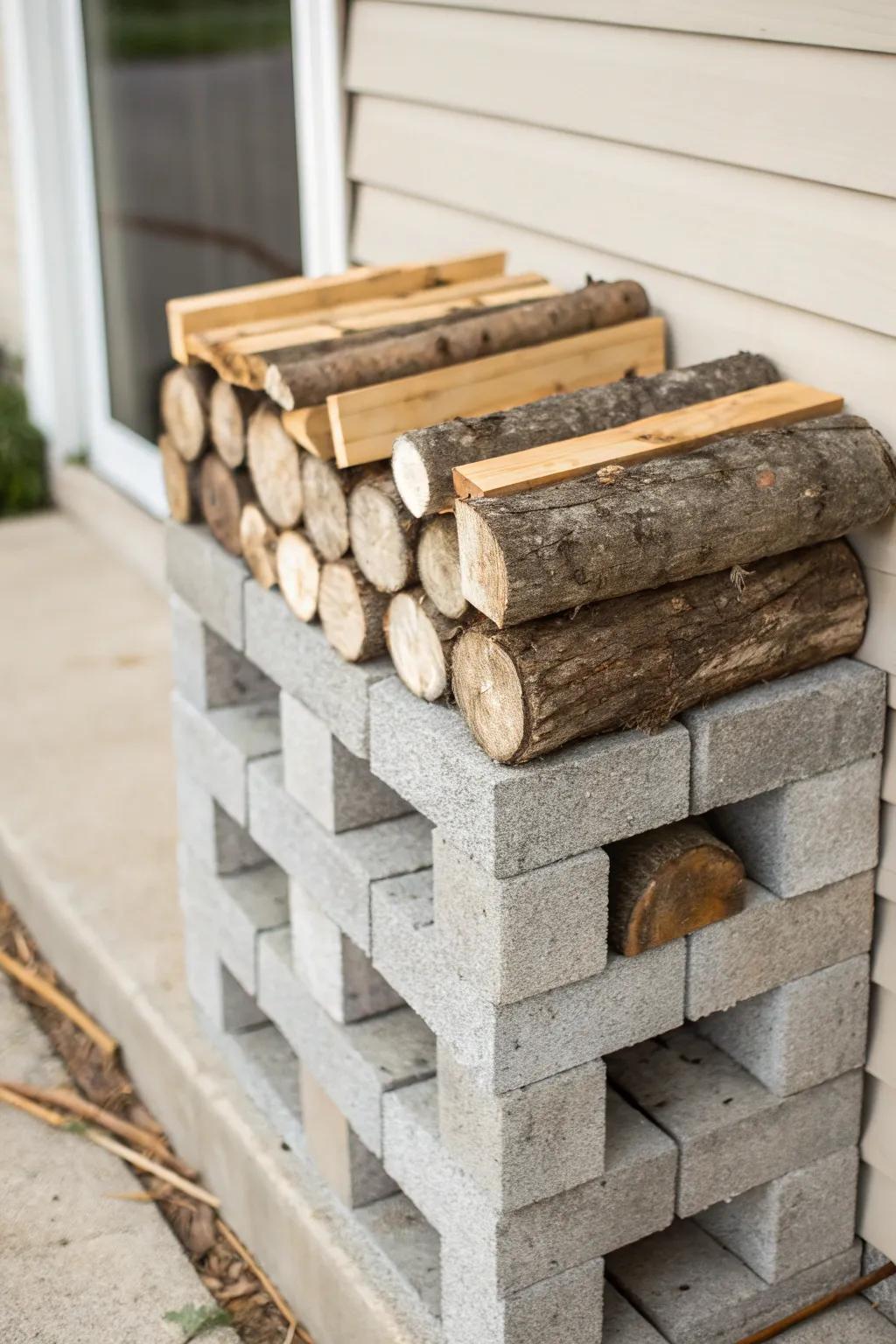Create a practical firewood holder with cinder blocks and planks.