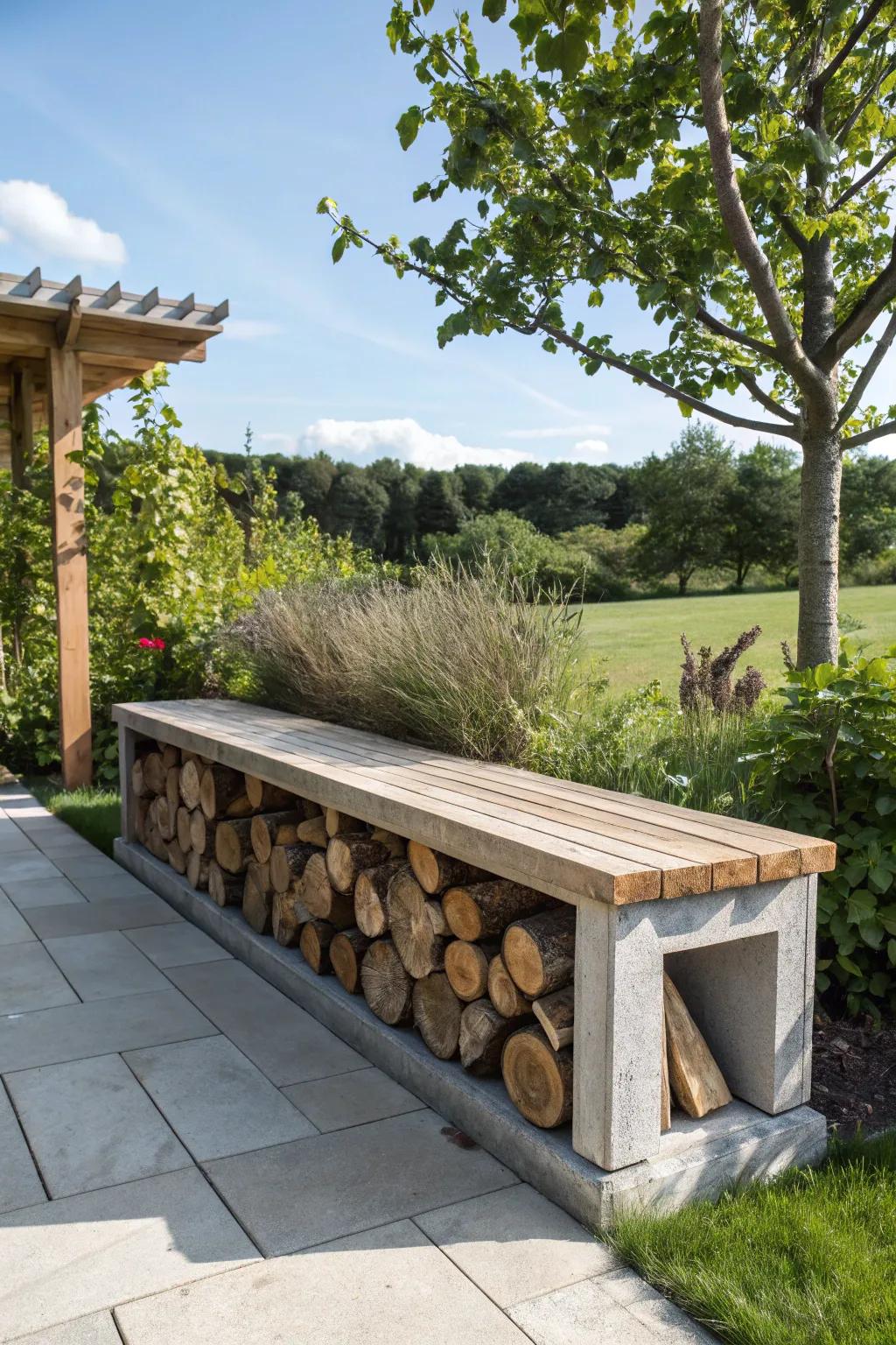 Combine seating and storage with an under-bench firewood holder.
