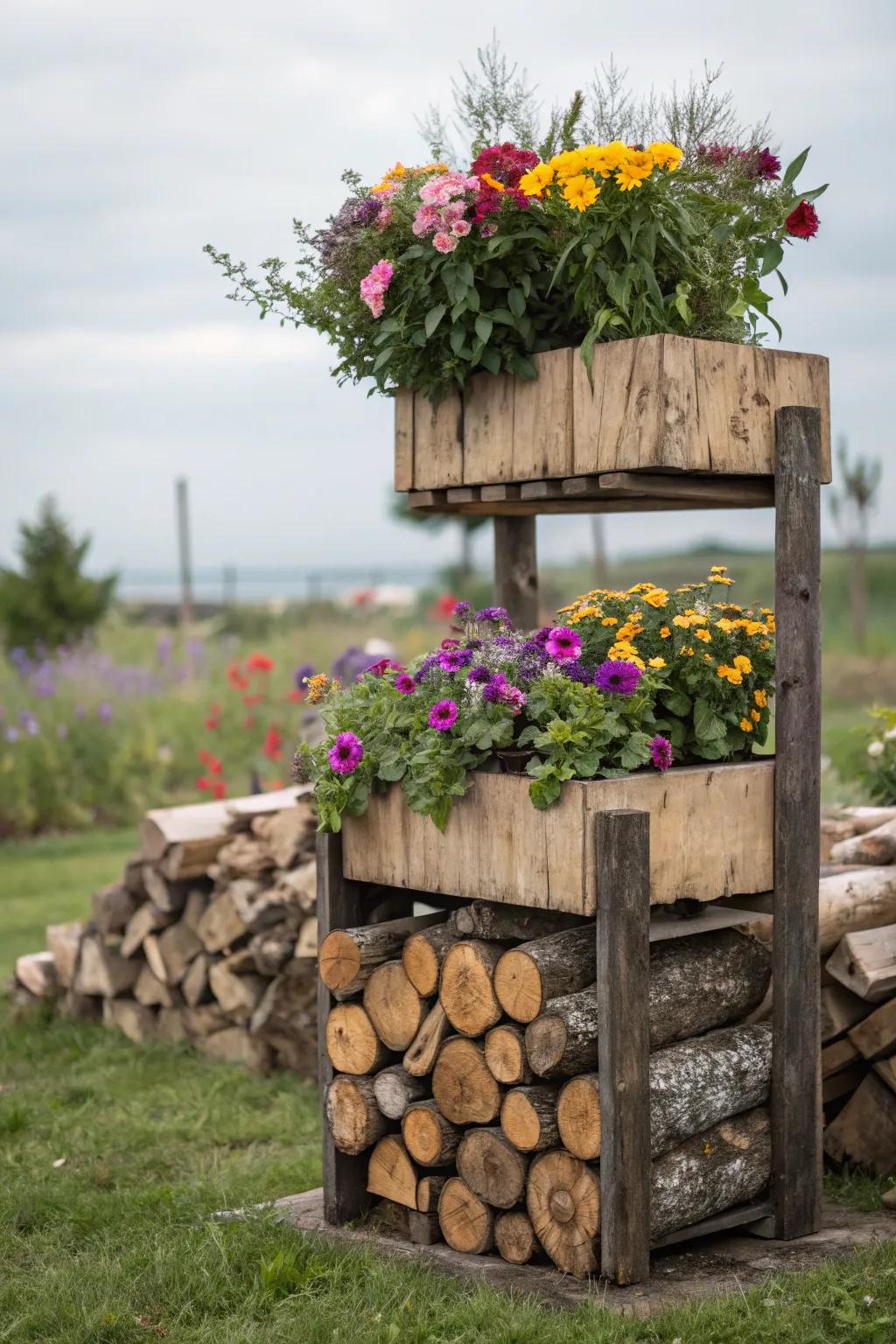 Blend blooms and logs with a planter combo holder.