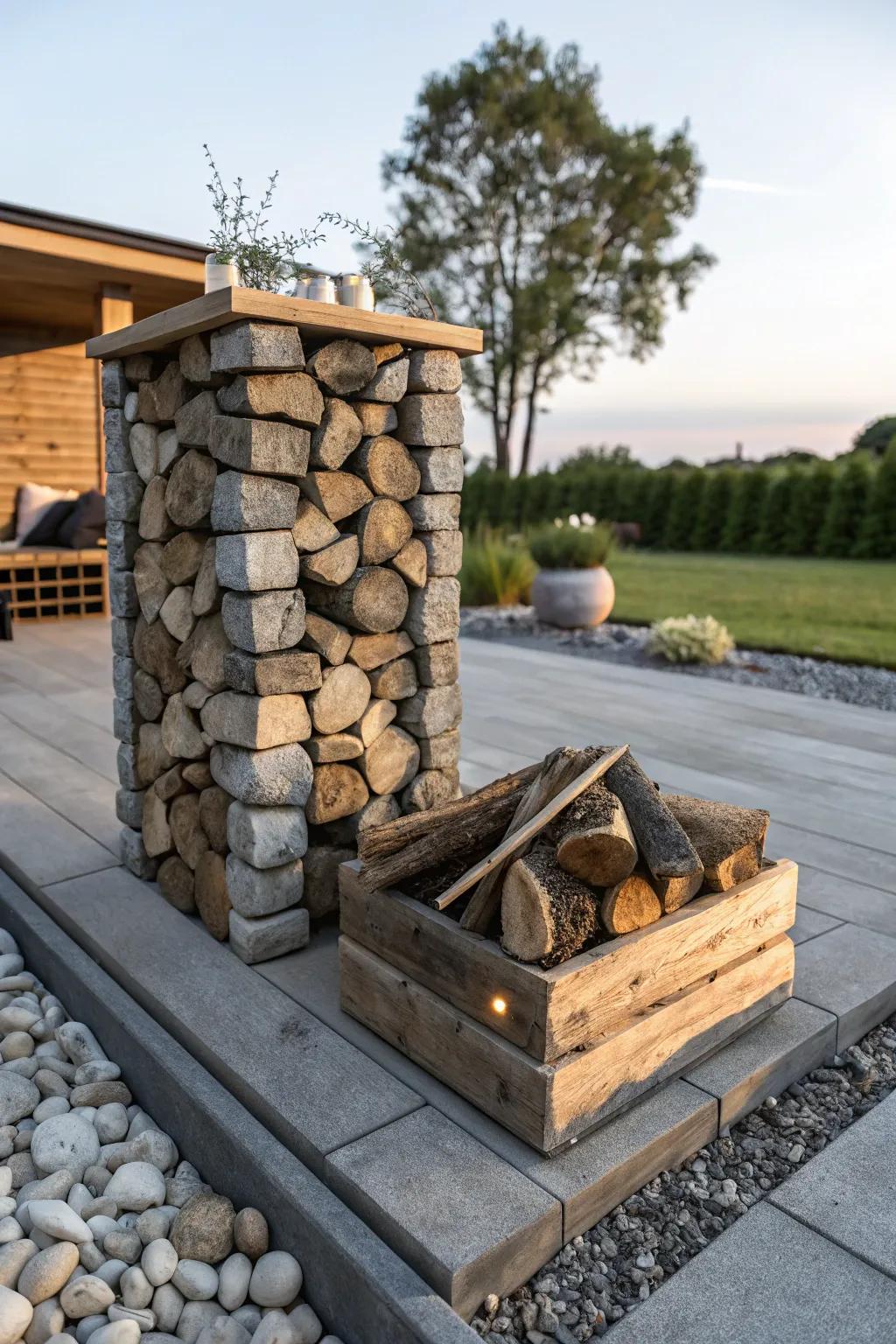 Integrate storage with nature using a stacked stone holder.
