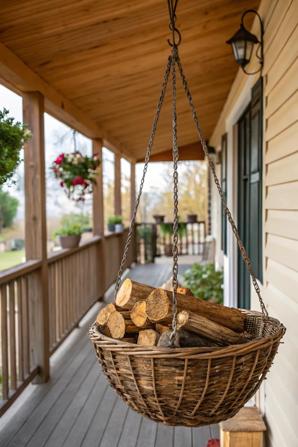 Add whimsy to your porch with a hanging basket firewood holder.