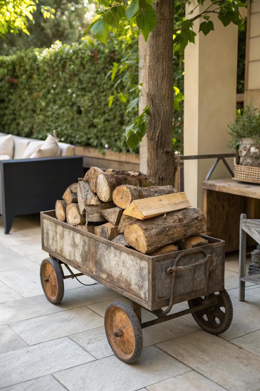 Transport logs easily with a mobile firewood cart.