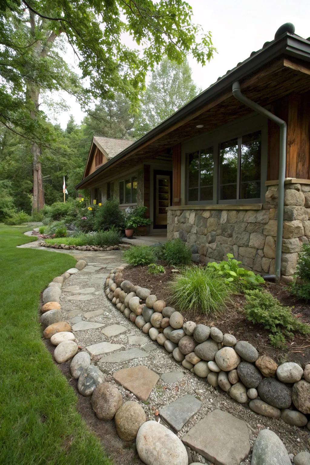 Natural stone borders add rustic charm and elegance.