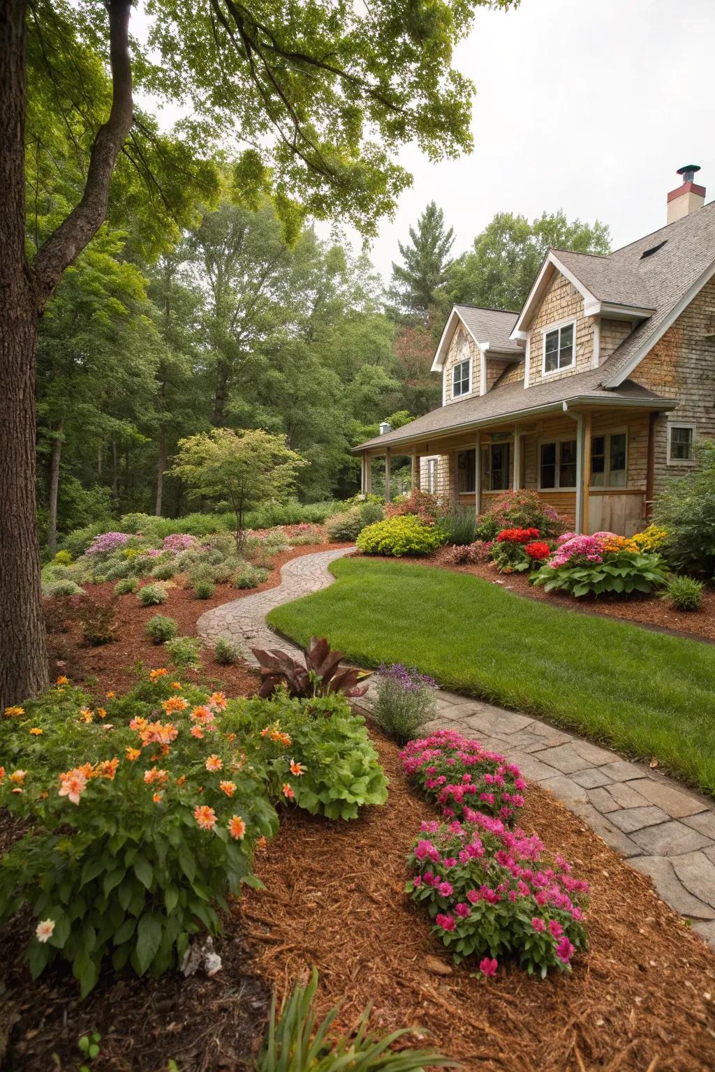 Mulch and plant beds enhance aesthetics and functionality.