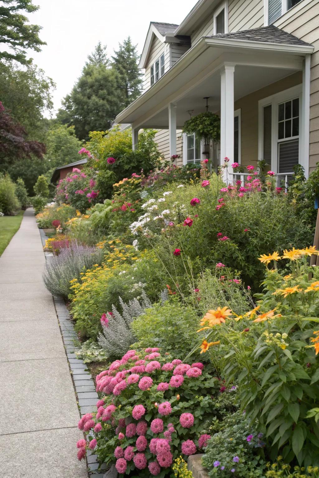 Flowers and shrubs create a vibrant and lively border.