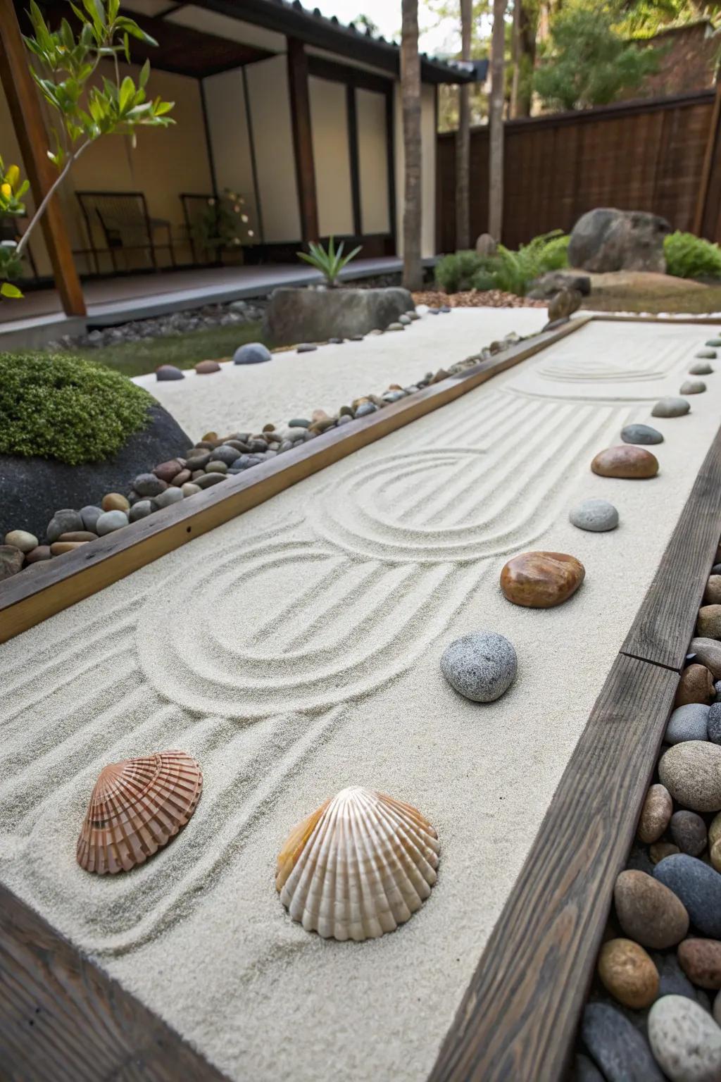 Find tranquility in a seashell Zen garden.