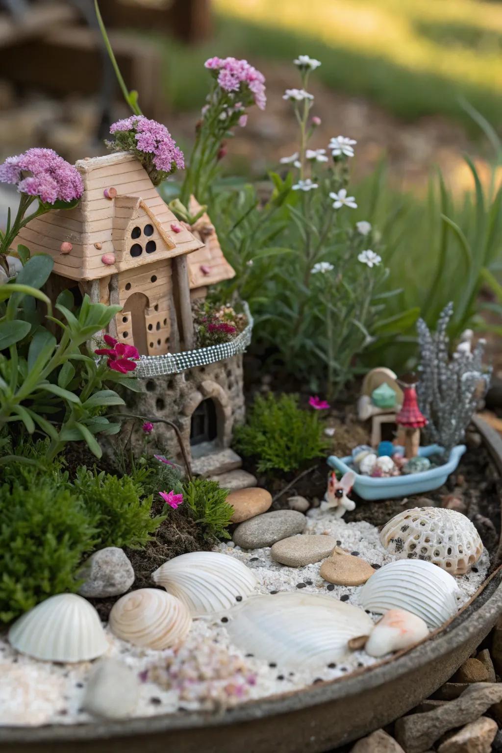 Create enchanting fairy gardens with seashell elements.