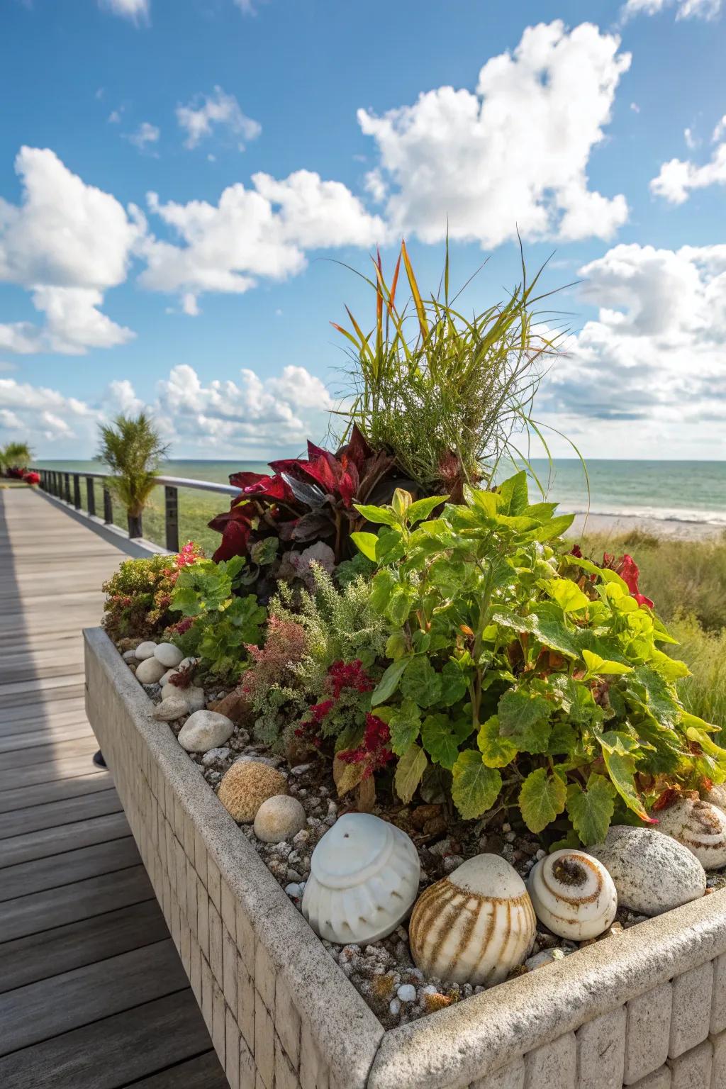 Enhance your planters with seashell linings for a unique look.